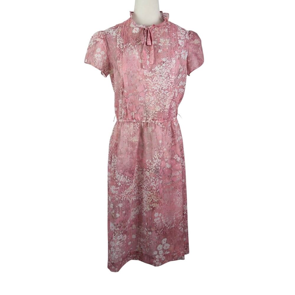 Vintage 70s Lady Coral Rose Pink and Cream Floral Midi Dress 12